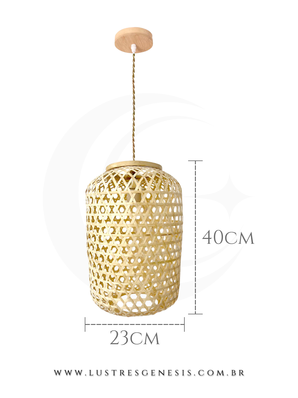 Luminária pendente de fibra de bambu e madeira, com design artesanal e formato cilíndrico, ideal para mesas, balcão de cozinha, área gourmet e sítios.